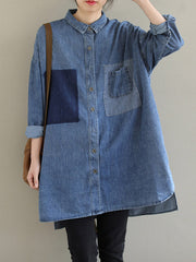 Asymmetric Buttoned Pockets Split-Joint High-Low Long Sleeves Lapel Blouses&Shirts Tops