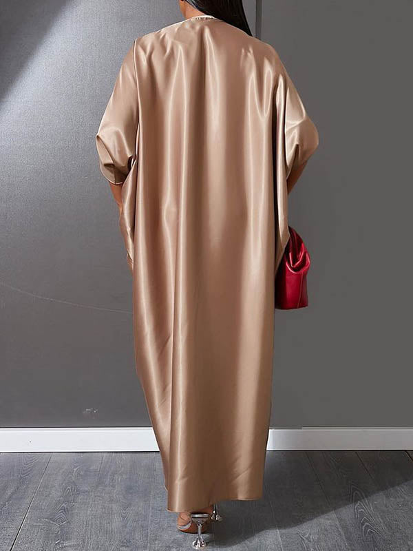 Solid Color Batwing Sleeves High-Low Deep V-Neck Maxi Dresses