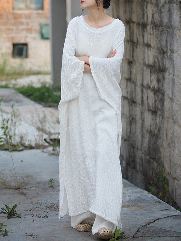 Solid Color Split-Joint Split-Side Batwing Sleeves Round-Neck Midi Dresses
