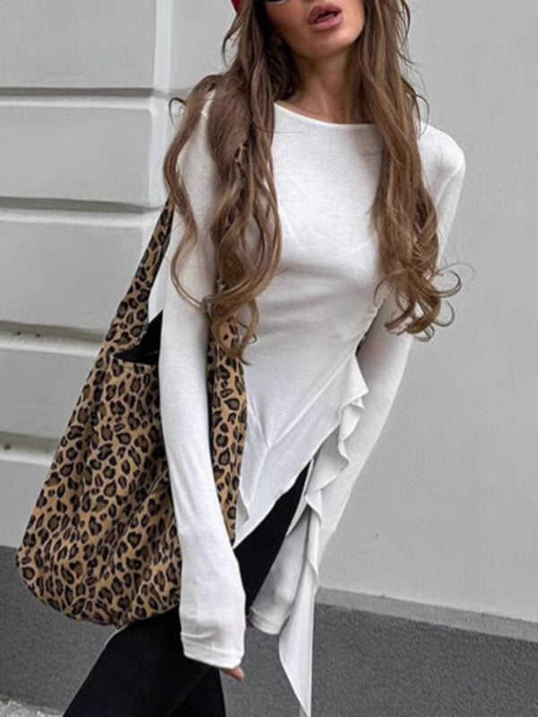 Pleated Solid Color Long Sleeves Skinny Round-Neck T-Shirts Tops