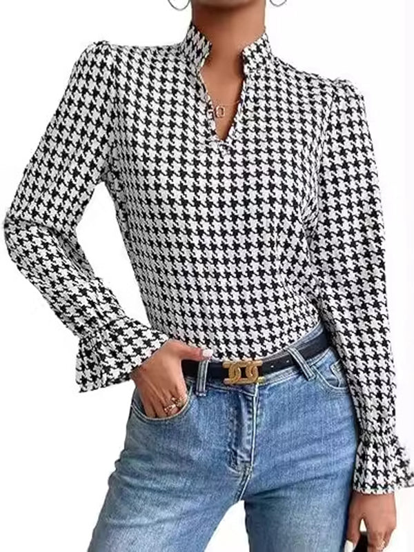 Elasticity Houndstooth Split-Joint Long Sleeves Loose V-Neck Blouses&Shirts Tops