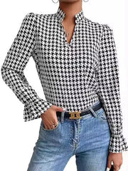 Elasticity Houndstooth Split-Joint Long Sleeves Loose V-Neck Blouses&Shirts Tops