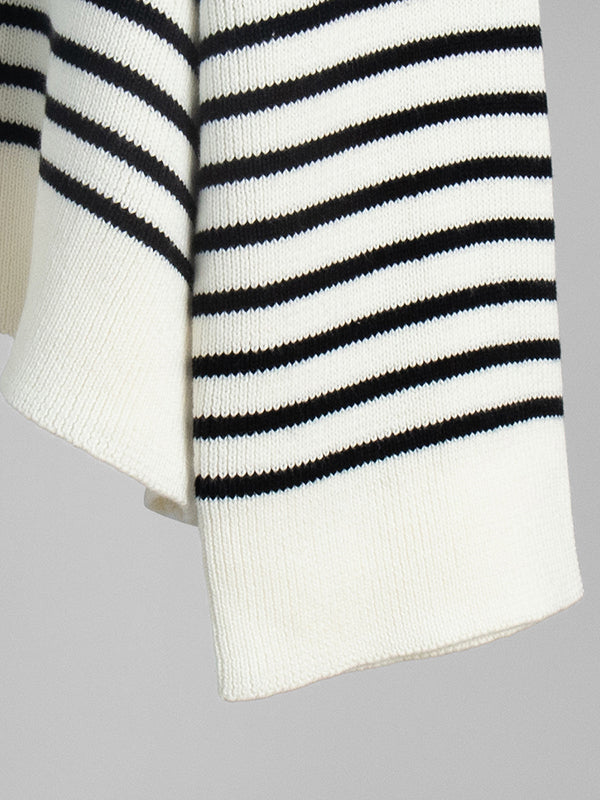 Split-Joint Striped Long Sleeves Loose Lapel Sweater Tops