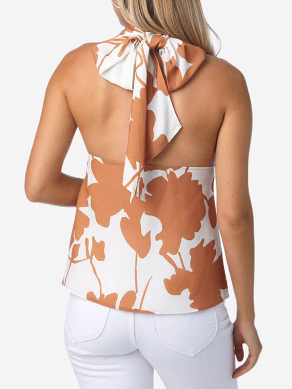 Halter-Neck Loose Backless Flower Print Tied Vest Top + Elasticity Pockets High Waisted Shorts Bottom Two Pieces Set