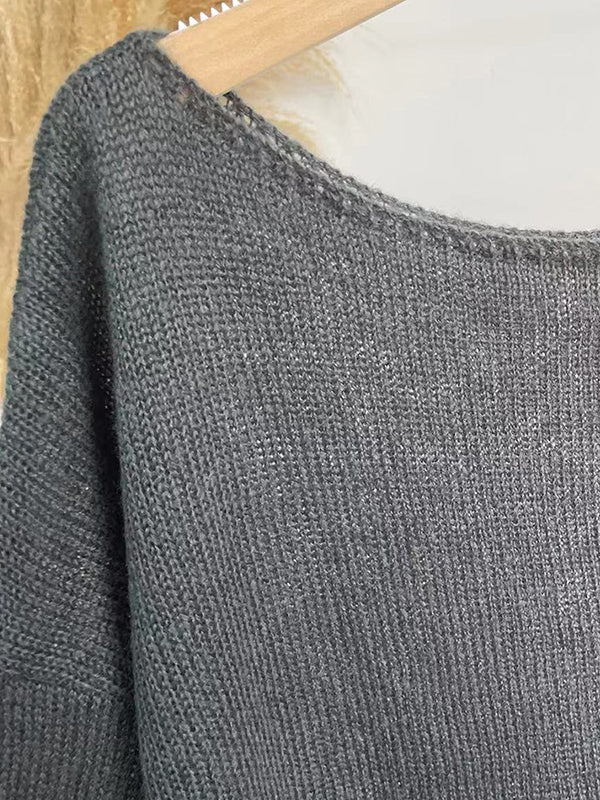See-Through Solid Color Split-Joint Long Sleeves Loose Round-Neck Sweater Tops