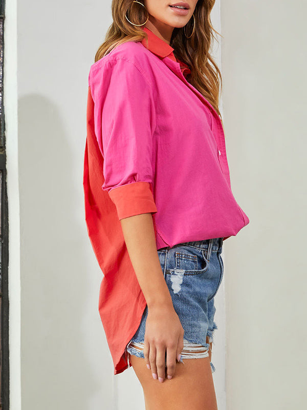 Buttoned Contrast Color Loose Wrap Lapel Blouses&Shirts Tops