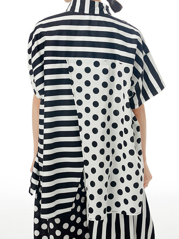 Polka-Dot Split-Joint Striped Irregular clipping Loose Lapel Shirts Tops