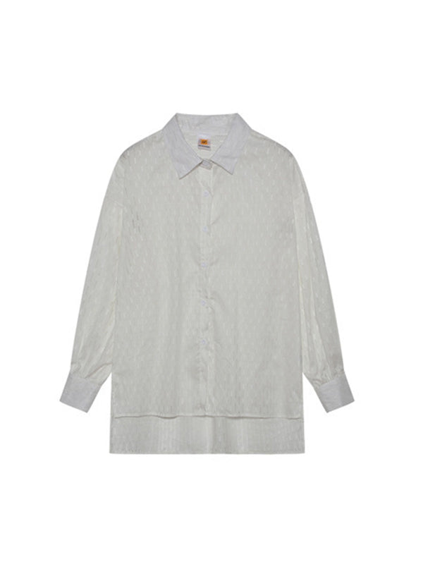 Buttoned Jacquard High-Low Long Sleeves Solid Color Lapel Shirts Top +Shorts Bottom Two Pieces Set