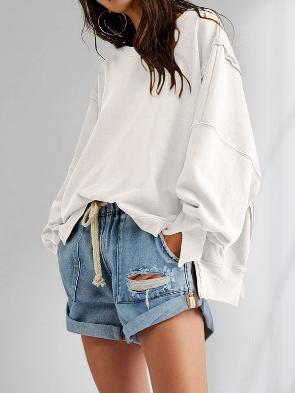Fringed Solid Color Split-Joint Split-Side Long Sleeves Loose Round-Neck Sweatershirt