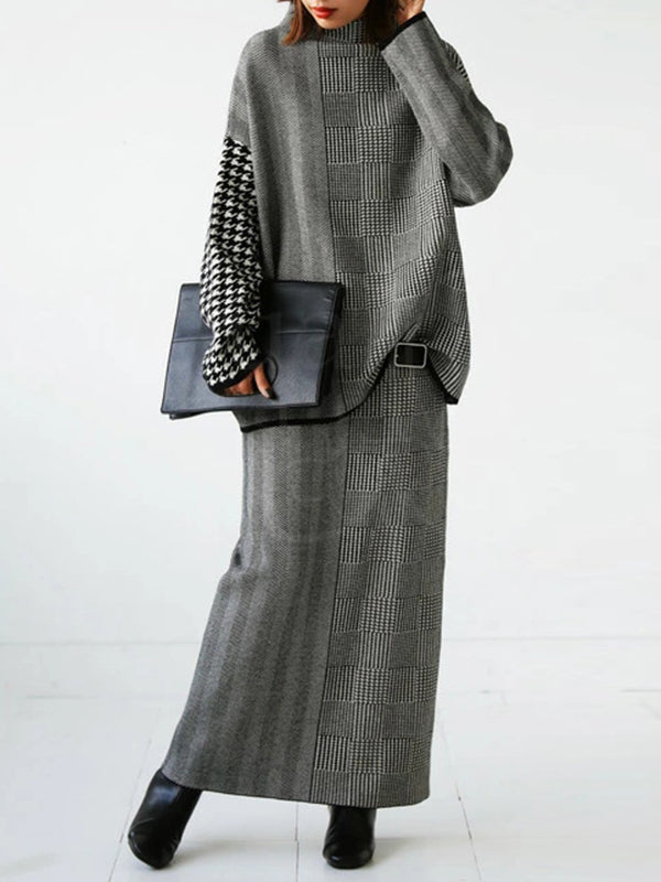 Houndstooth Plaid Long Sleeves Loose High Neck Sweater Tops Pullovers