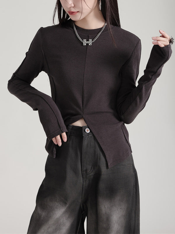 Solid Color Split-front Long Sleeves Skinny Round-neck T-Shirts Tops