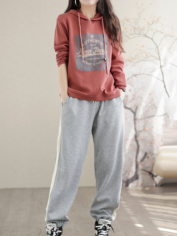 Drawstring Printed Long Sleeves Loose Hoodies Tops