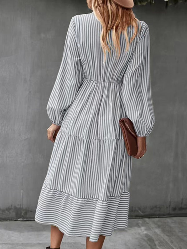 Pleated Split-Joint Striped Loose Puff Sleeves V-Neck Shirt Dress Midi Dresses