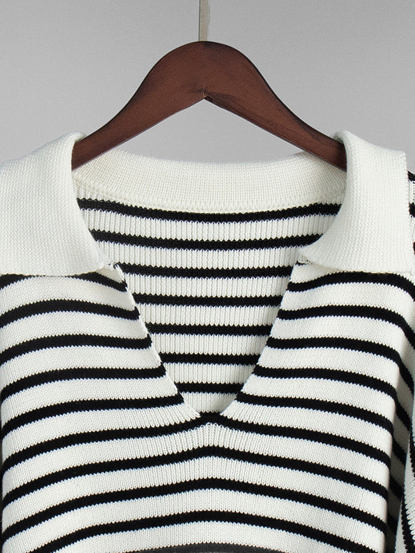 Split-Joint Striped Long Sleeves Loose Lapel Sweater Tops