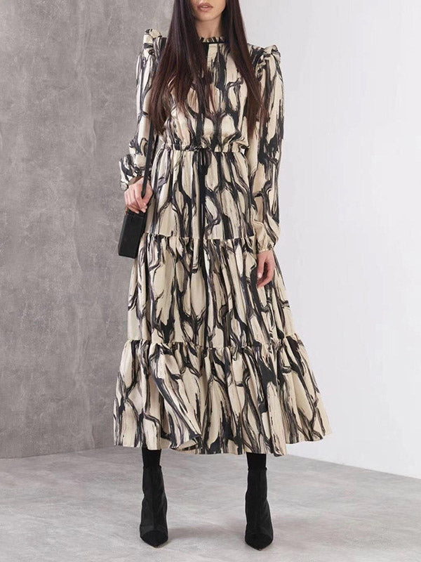 Elasticity Hollow Printed Split-Joint Tied Long Sleeves Loose Mock Neck Midi Dresses