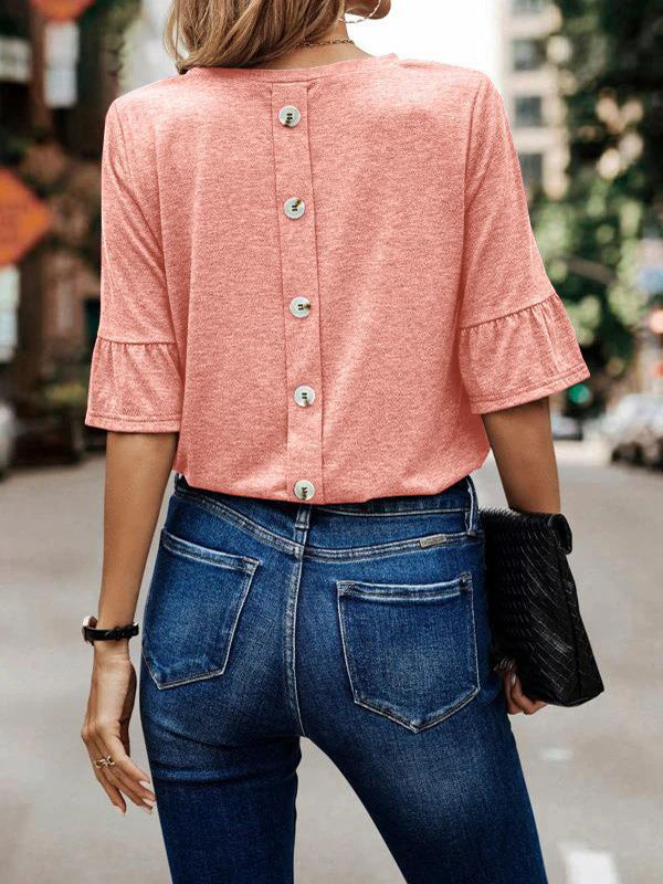 Asymmetric Buttoned Solid Color Split-Joint Ruffle Sleeves Round-Neck T-Shirts Tops