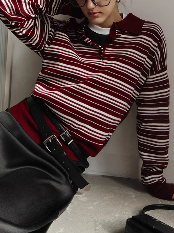 Split-Joint Striped Long Sleeves Lapel Sweater Tops