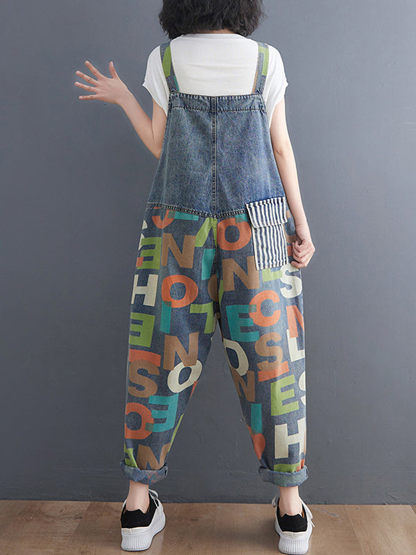 Asymmetric Buttoned Letter Print Pockets Split-Joint Striped High Waisted Loose Overalls