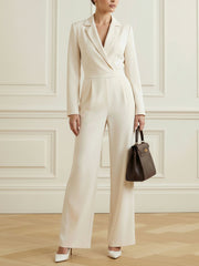 Pockets Solid Color High Waisted Long Sleeves Notched Collar Jumpsuits