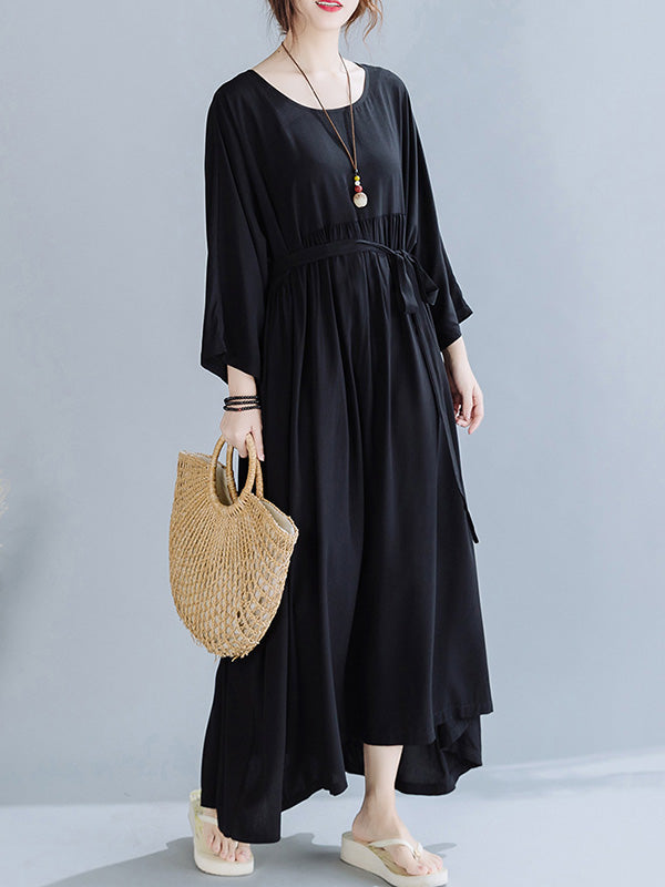 Simple Pleats Round-Neck Maxi Dress