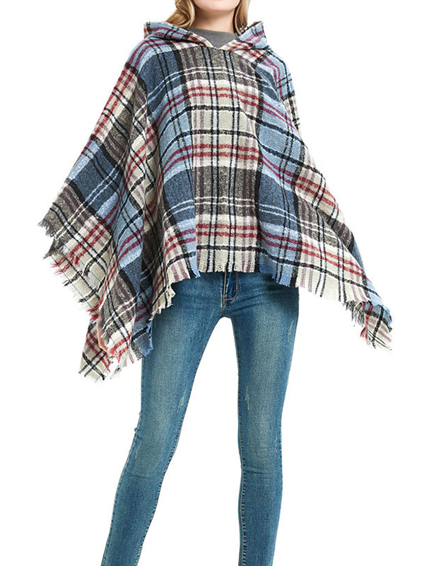 Fringed Hooded Keep Warm Plaid Shawl&Cloak Cape