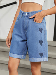 Buttoned Heart Print Pockets High Waisted Loose Jean Pants Bottoms Half Pants