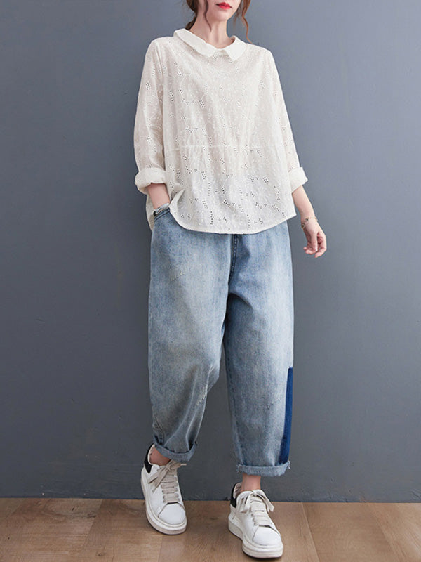 Loose 3 Colors Embroidered Hollow Lapel Collar Long Sleeves T-Shirt