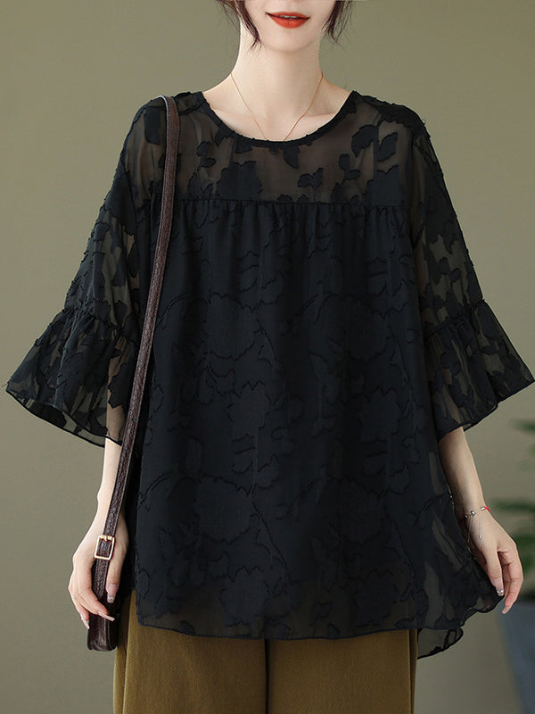 Falbala Pleated See-Through Split-Joint Loose Short Sleeves Round-Neck T-Shirts