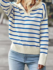 Split-Joint Striped Long Sleeves Loose Lapel Sweater Tops