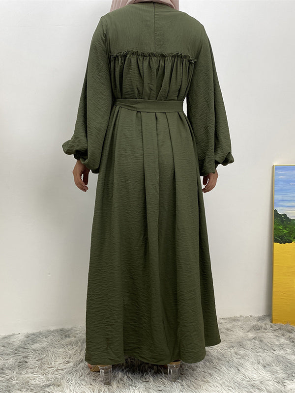 Elasticity Muslim Pleated Solid Color Split-Joint Tied Waist Bishop Sleeve Long Sleeves Round-Neck Maxi Dresses