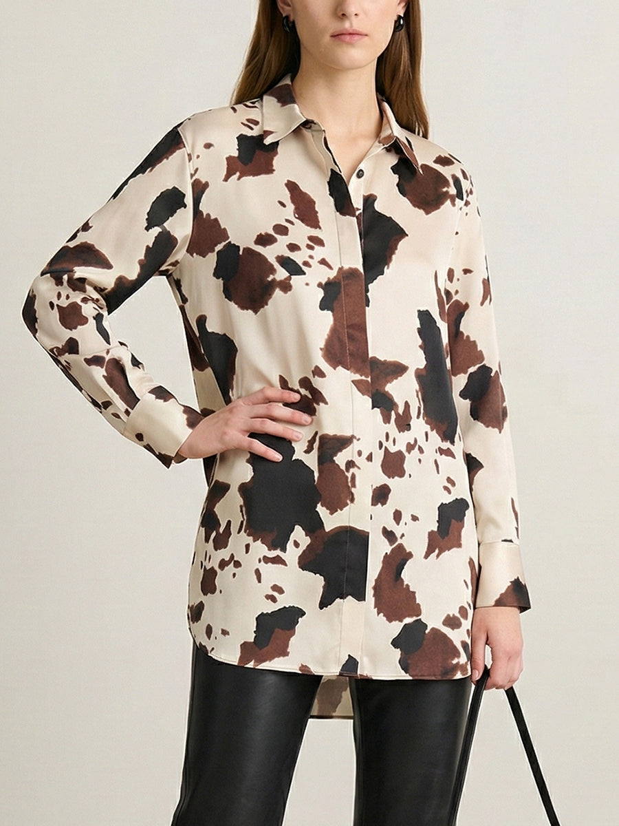 Buttoned Contrast Color Cow Printed Split-Joint Long Sleeves Loose Lapel Blouses&Shirts Tops