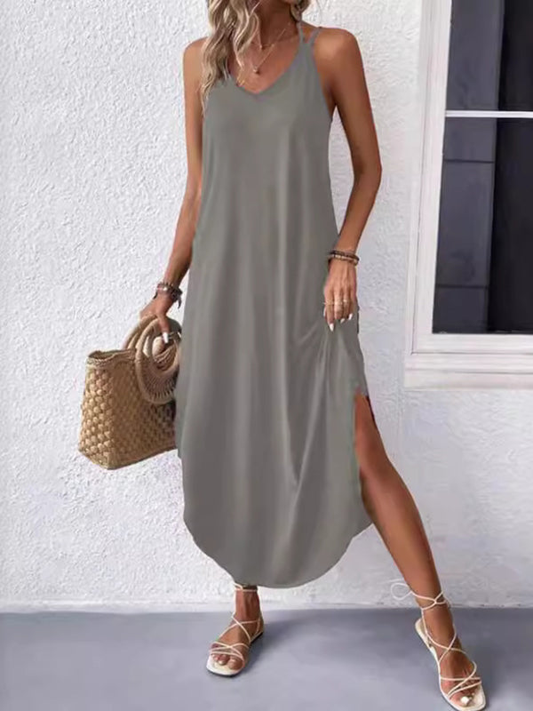 Solid Color Loose Plus Size Spaghetti-Neck Maxi Dresses