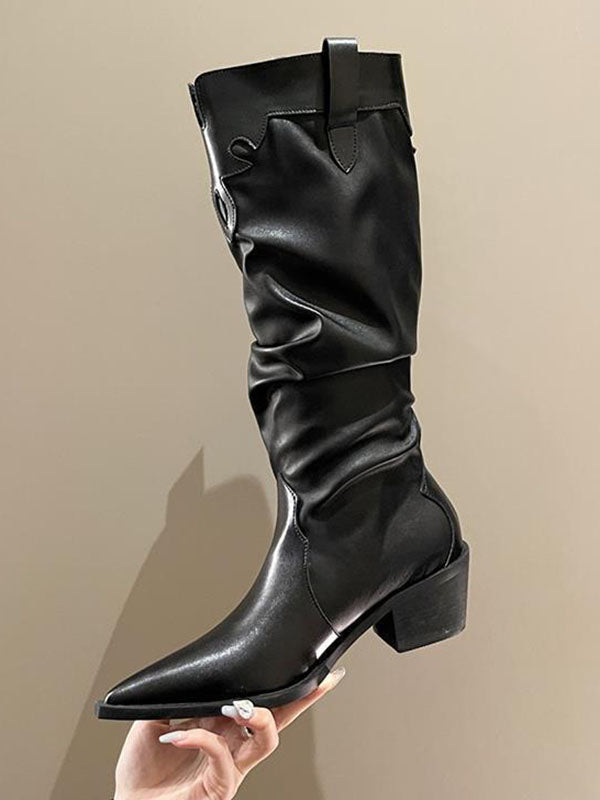 Pleated Pointed-Toe Solid Color Chunky Shoes Boots