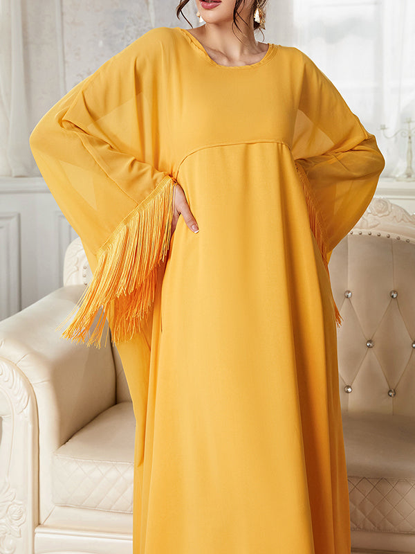 Gauze Solid Color Tasseled Zipper A-line High Waisted Round-neck Two Pieces Set Maxi Dresses