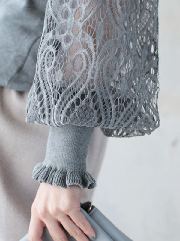 Original Loose Hollow Lace Round-Neck Long Puff Sleeves Sweater Pullovers