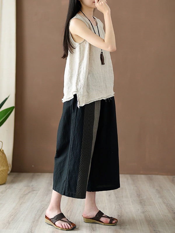 Fringed Solid Color Loose Sleeveless Round-Neck Vest Top