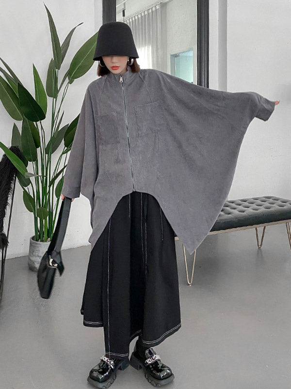 Casual Batwing Sleeves Loose Drawstring Zipper Stand Collar Jackets&Coats