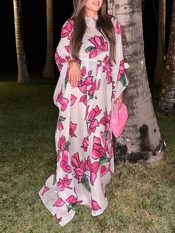 Flower Print Split-Joint Split-side Tied Waist Batwing Sleeves Long Sleeves Round-neck Maxi Dresses