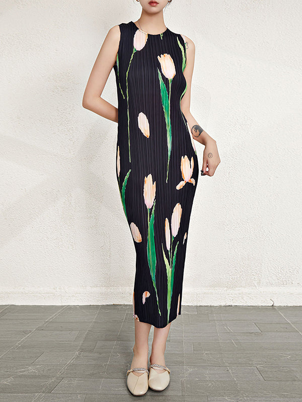 Flower Print Pleated Loose Sleeveless Round-Neck Midi Dresses