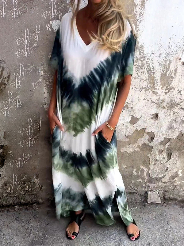 Contrast Color Pockets Tie-dyed A-line Loose V-neck Maxi Dresses