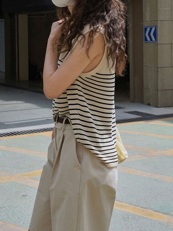 Striped Loose Sleeveless Round-neck Vest Top