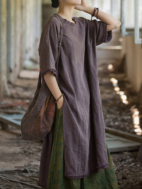 Fringed Solid Color Split-Side Half Sleeves Round-Neck Midi Dresses