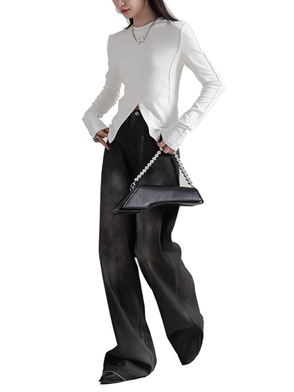 Solid Color Split-front Long Sleeves Skinny Round-neck T-Shirts Tops