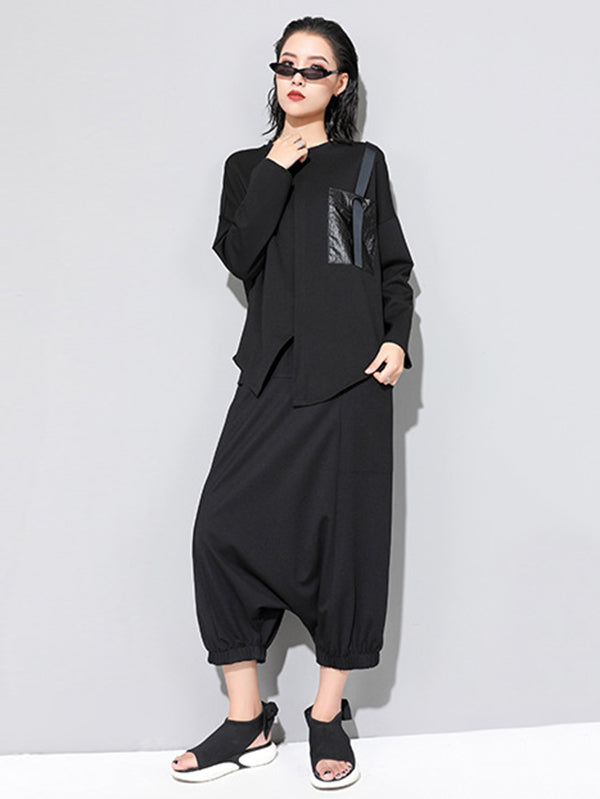Loose Long Sleeves Split-Front Round-Neck T-Shirts Tops