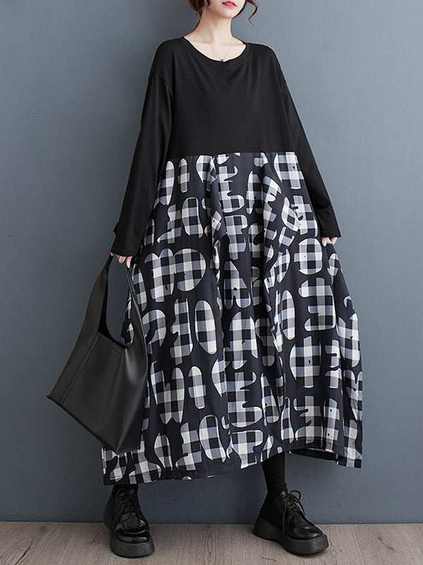 Printed Ruffled Split-Joint A-Line Long Sleeves Round-Neck Midi Dresses