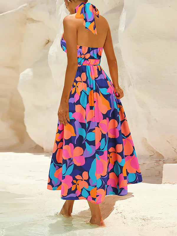Leaves Print Pleated Split-Joint A-Line Loose Halter-Neck Midi Dresses
