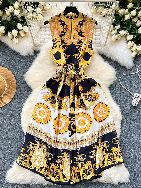 Belt Buckle Buttoned Contrast Color Floral Printed Sleeveless Midi Dresses