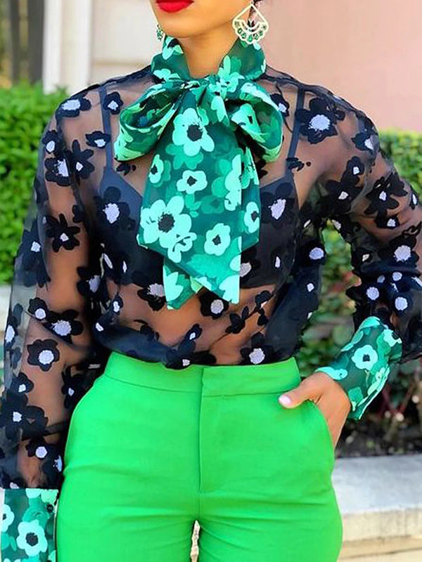 Floral Printed Jacquard See-Through Solid Color Loose Puff Sleeves High Neck Blouses