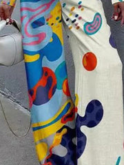 Asymmetric Elasticity Printed Split-Joint High Waisted Loose Trousers Pants