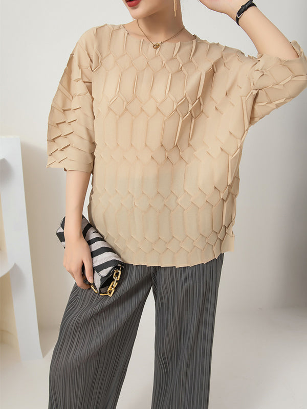 Original Loose Half Sleeves Pleated Solid Color Round-Neck T-Shirts Tops